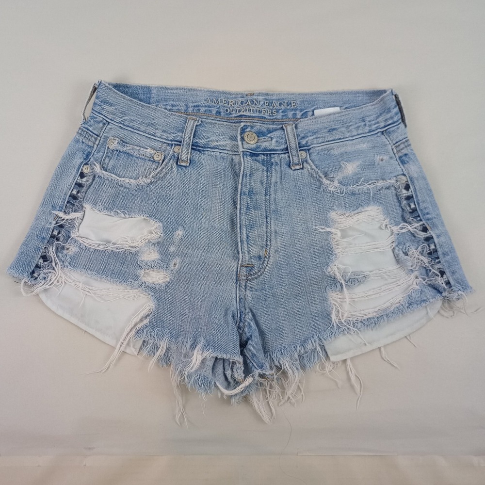 Y2K American Eagle Women 4 Blue Distressed Vintage Hi Rise Festival Denim Shorts